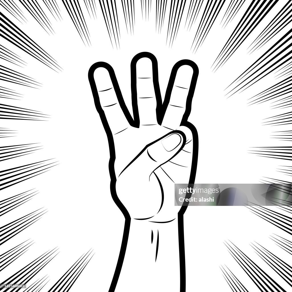Gesturing a hand sign of Counting Three in comics effects lines background