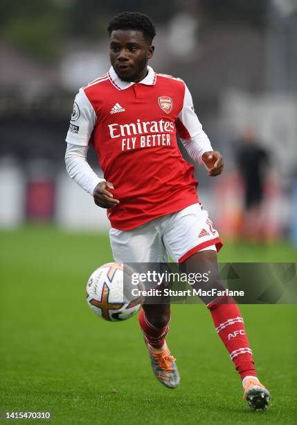Nathan Butler-Oyedeji of Arsenal during a Premier League Cup match between Arsenal U21 and Swansea City U21 at Meadow Park on August 17, 2022 in...