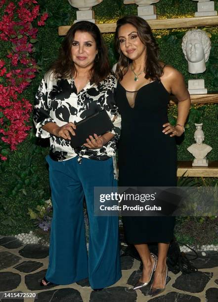 Farha Khan and Gauri Khan attend the launch of "Ahikoza" on August 17, 2022 in Mumbai, India.