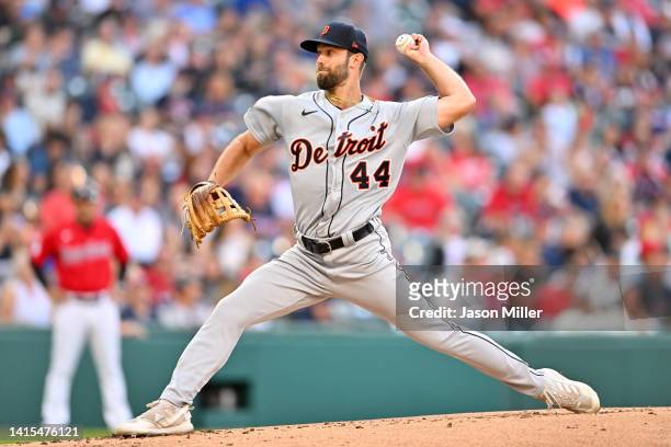 Starting pitcher Daniel Norris of the Detroit Tigers pitches during the first inning against the Cleveland Guardians at Progressive Field on August...