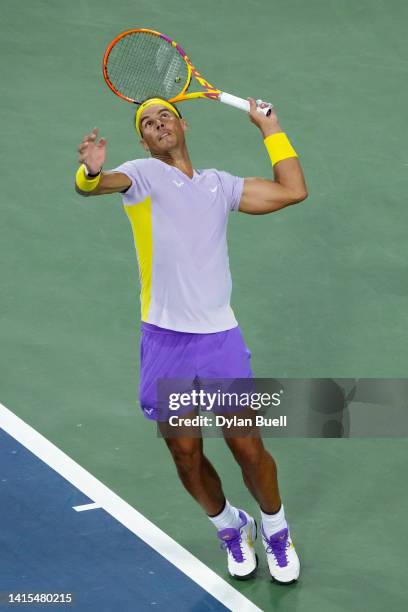 Rafael Nadal of Spain serves during his match against Borna Coric of Croatia during the Western & Southern Open at the Lindner Family Tennis Center...