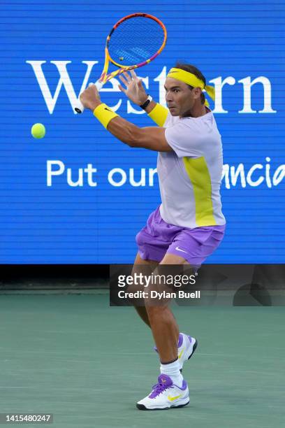 Rafael Nadal of Spain plays a backhand during his match against Borna Coric of Croatia during the Western & Southern Open at the Lindner Family...