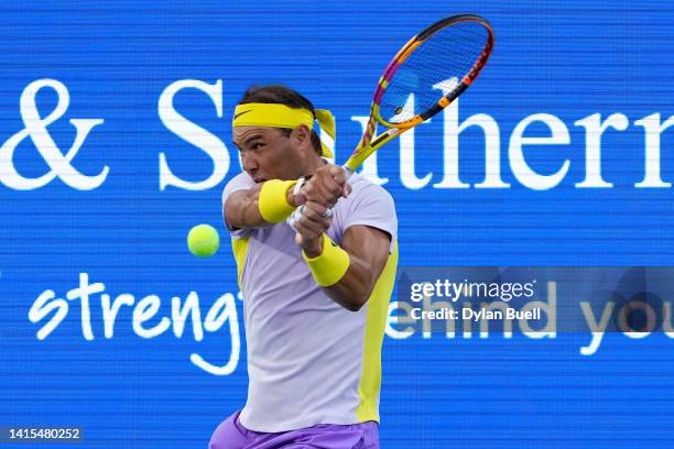 Rafael Nadal of Spain plays a backhand during his match against Borna Coric of Croatia during the Western & Southern Open at the Lindner Family...