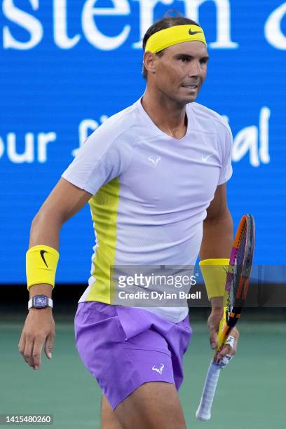 Rafael Nadal of Spain reacts after winning a point during his match against Borna Coric of Croatia during the Western & Southern Open at the Lindner...
