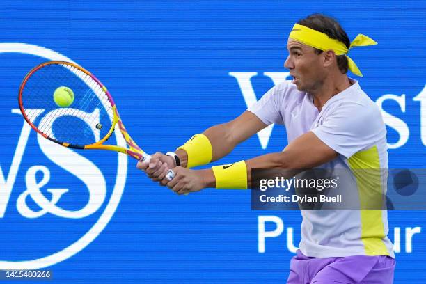 Rafael Nadal of Spain plays a backhand during his match against Borna Coric of Croatia during the Western & Southern Open at the Lindner Family...