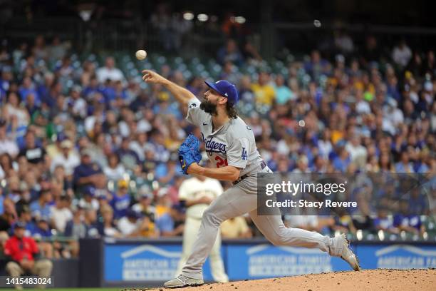 Tony Gonsolin of the Los Angeles Dodgers throws a pitch during the first inning against the Milwaukee Brewers at American Family Field on August 17,...