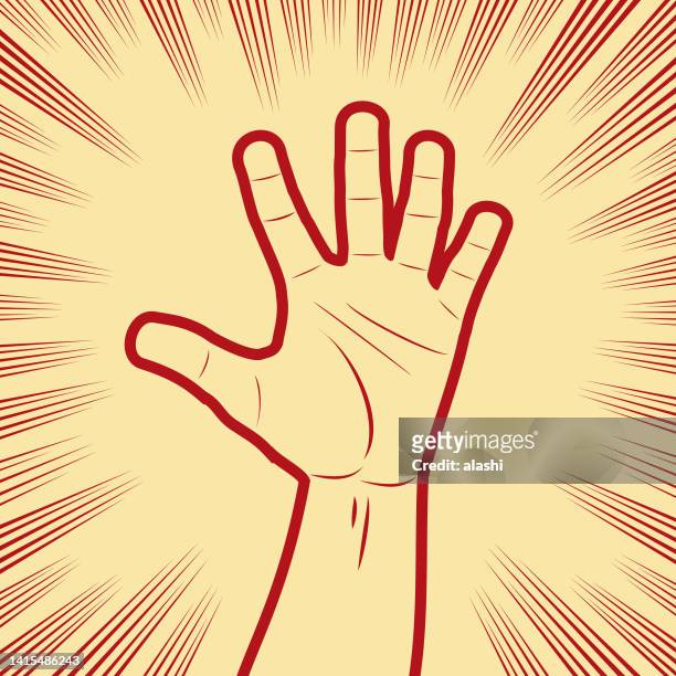 stockillustraties, clipart, cartoons en iconen met gesturing a hand sign of counting five in comics effects lines background - may day international workers day