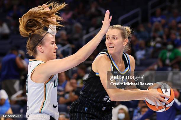 Allie Quigley of the Chicago Sky is defended by Sabrina Ionescu of the New York Liberty during the first half in Game One of the First Round of the...