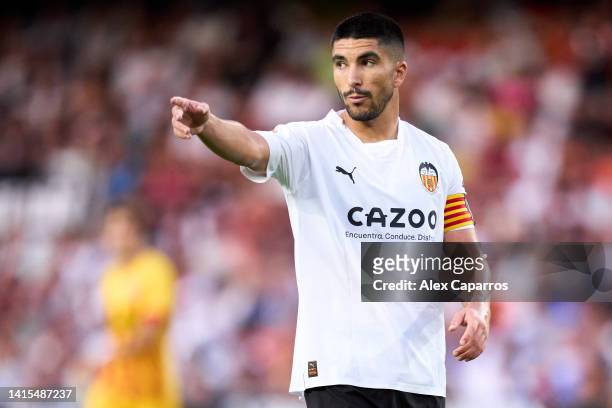 Carlos Soler of Valencia CF points his finger during the LaLiga Santander match between Valencia CF and Girona FC at Estadio Mestalla on August 14,...