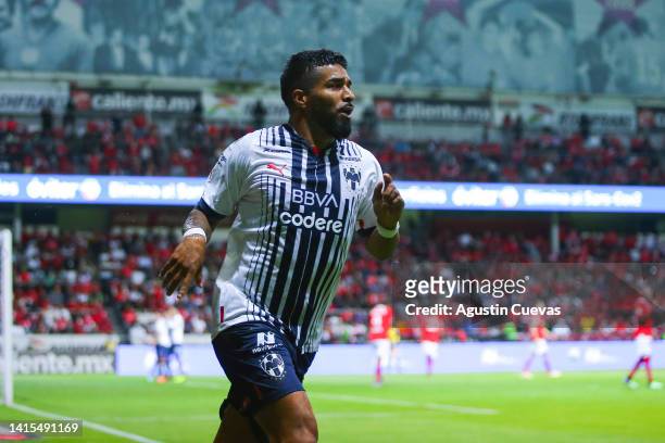 Rodrigo Aguirre of Monterrey celebrates after scoring his team's first goal during the 9th round match between Toluca and Monterrey as part of the...
