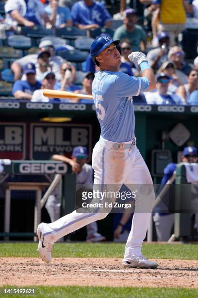 Brent Rooker of the Kansas City Royals hits against the Los Angeles Dodgers at Kauffman Stadium on August 14 in Kansas City, Missouri.