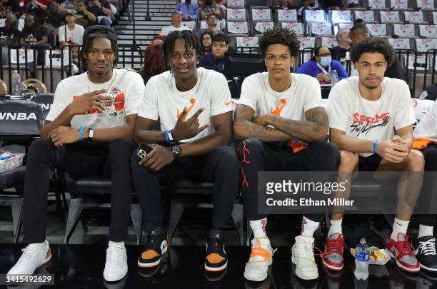 Basketball players Efe Abogidi of the NBA G League Ignite, Leonard Miller, Mojave King and Shareef O'Neal pose courtside before Game One of the 2022...