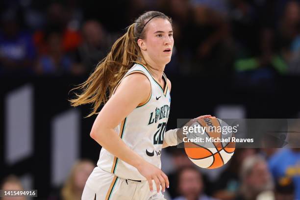 Sabrina Ionescu of the New York Liberty dribbles up the court against the Chicago Sky during the second half in Game One of the First Round of the...