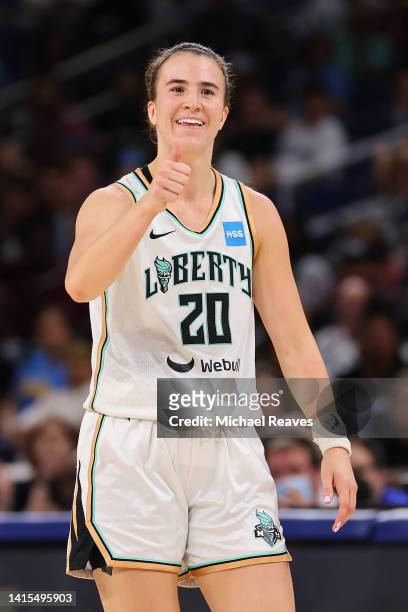 Sabrina Ionescu of the New York Liberty reacts against the Chicago Sky during the second half in Game One of the First Round of the 2022 WNBA...