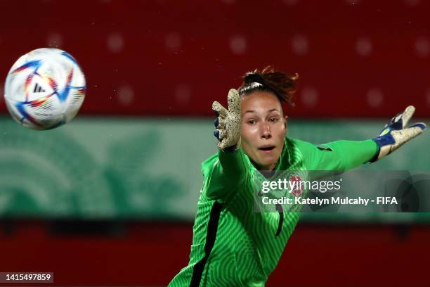 Anna Karpenko of Canada dives for a ball during a Group C match between Nigeria and Canada as part of FIFA U-20 Women's World Cup Costa Rica 2022 at...