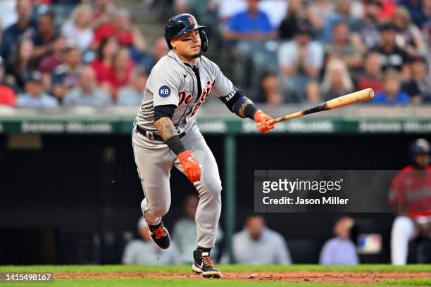 Javier Baez of the Detroit Tigers hits a single during the fourth inning against the Cleveland Guardians at Progressive Field on August 17, 2022 in...