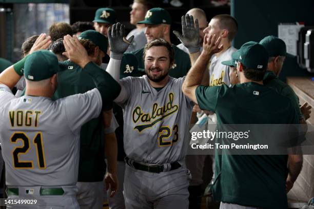 Shea Langeliers of the Oakland Athletics celebrates after hitting a two-run home run against the Texas Rangers in the top of the eighth inning at...