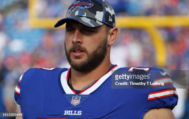 David Quessenberry of the Buffalo Bills on the sideline during a preseason game against the Indianapolis Colts at Highmark Stadium on August 13, 2022...