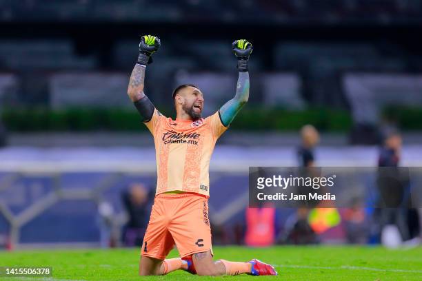 Jonathan Orozco, goalkeeper of Tijuana celebrates his team's second goal during the 9th round match between Cruz Azul and Tijuana as part of the...