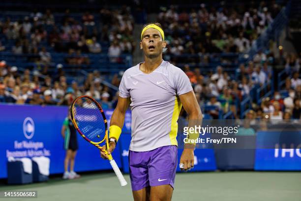 Rafael Nadal of Spain looks frustrated during his match against Borna Coric of Croatia in the second round of the men's singles at the Lindner Family...