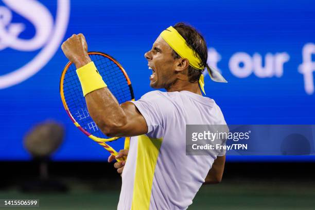 Rafael Nadal of Spain celebrates during his match against Borna Coric of Croatia in the second round of the men's singles at the Lindner Family...