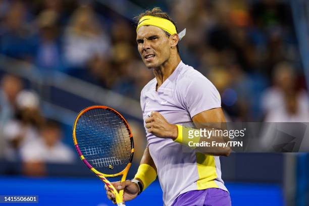 Rafael Nadal of Spain celebrates against Borna Coric of Croatia in the second round of the men's singles at the Lindner Family Tennis Center on...