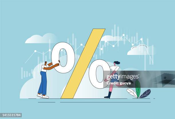 ilustrações de stock, clip art, desenhos animados e ícones de one male and one female and two white-collar workers assemble percentage symbols. - tonel