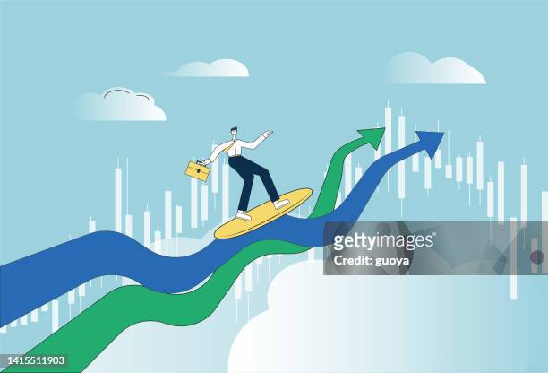the white-collar climbs up with the two rising arrow symbols on the surfboard. - stock market data stock illustrations