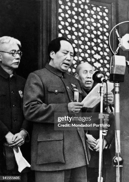 The Chinese Communist Party leader Mao Zedong declaring the birth of the People's Republic of China over the microphones. Beijing, 1st October 1949