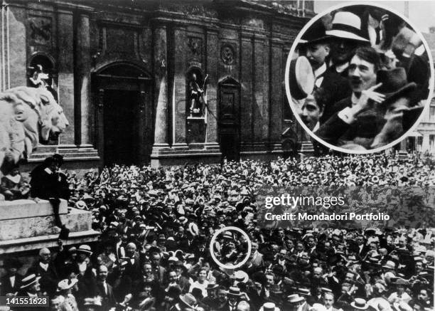 At Odeonsplatz future Chancellor of Germany and Nazi Fuhrer Adolf Hitler among the crowd celebrating German declaration of war on Russia. Munich, 2nd...
