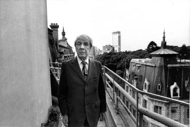 The Argentine writer Jorge Luis Borges posing on his house terrace. Buenos Aires, 1977