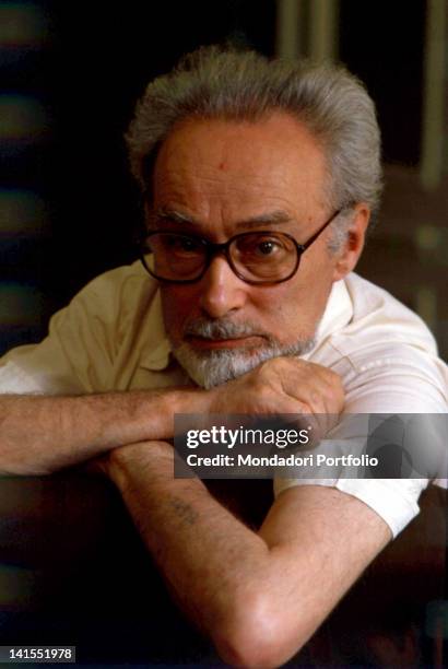 The Italian writer Primo Levi showing his serial number tattoo. During the Second World War was deported to Auschwitz concentration camp. Turin, 1981