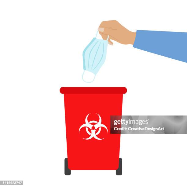 stockillustraties, clipart, cartoons en iconen met hand throwing away a used protective face mask to the garbage bin - biohazardous substance