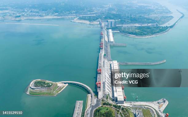 Aerial view of the Three Gorges Dam releasing water to help ease a severe drought in the middle and lower reaches of the Yangtze River on August 17,...