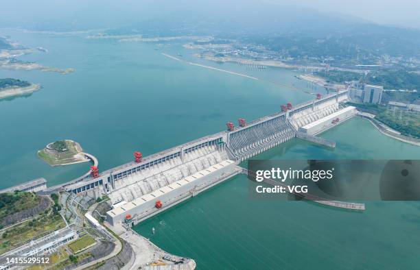Aerial view of the Three Gorges Dam releasing water to help ease a severe drought in the middle and lower reaches of the Yangtze River on August 17,...