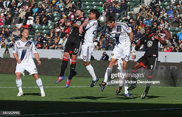 Andrew Boyens of the Los Angeles Galaxy heads the ball clear from the corner kick in the first half during the MLS match against D.C. United at The...