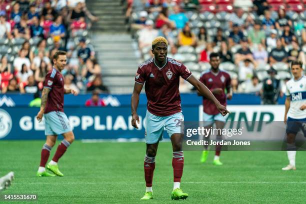 Gyasi Zardes of the Colorado Rapids coachs his teammates in the first half against the Vancouver Whitecaps FC at BC Place on August 17, 2022 in...