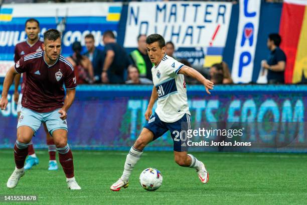 Andres Cubas of the Vancouver Whitecaps FC receives a pass in the first half against the Colorado Rapids at BC Place on August 17, 2022 in Vancouver,...