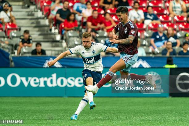 Julian Gressel of the Vancouver Whitecaps FC kicks the ball in the second half against the Colorado Rapids at BC Place on August 17, 2022 in...