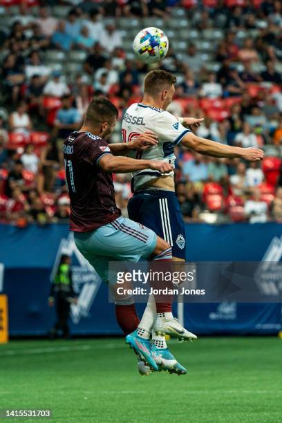 Julian Gressel of the Vancouver Whitecaps FC heads the ball against the Colorado Rapids at BC Place on August 17, 2022 in Vancouver, Canada.