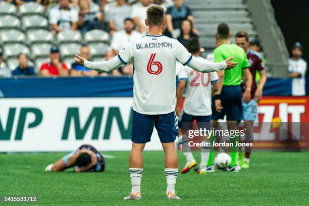 Tristan Blackmon of the Vancouver Whitecaps FC reacts in the first half against the Colorado Rapids at BC Place on August 17, 2022 in Vancouver,...