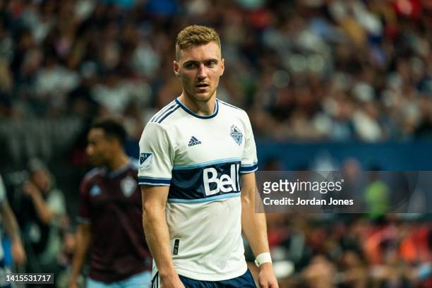 Julian Gressel of the Vancouver Whitecaps FC looks on in the second half against the Colorado Rapids at BC Place on August 17, 2022 in Vancouver,...