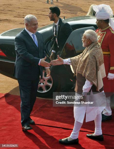 Indian Prime Minister Narendra Modi receives his Israeli counterpart Benjamin Netanyahu during a ceremonial reception at the forecourt of Rashtrapati...