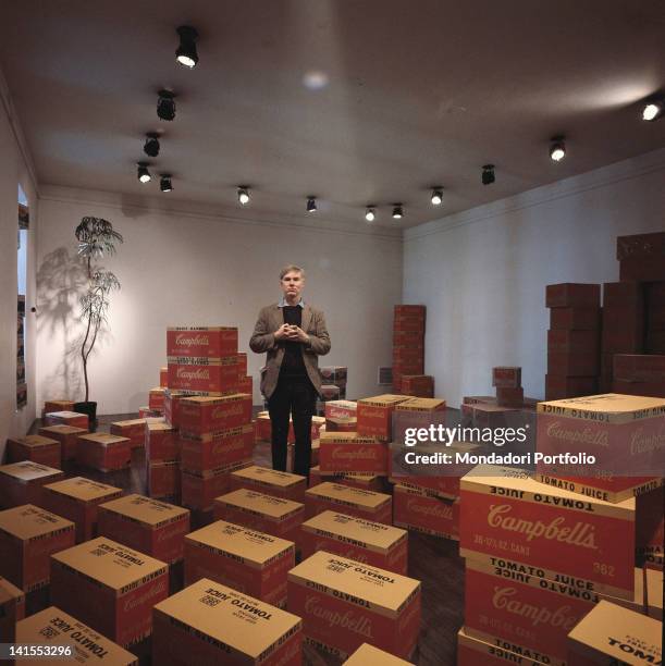 The American artist Andy Warhol posing inside his studio among cases of Campbell tomato juice. New York, 1964