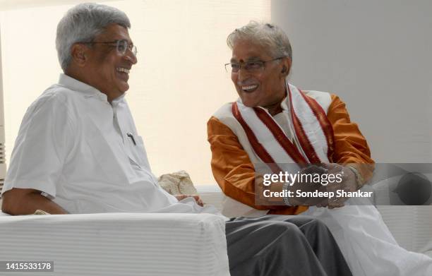 Right wing Bharatiya Janata Party leader Murli Manohar Joshi with Communist Party of India - Marxist General Secretary Prakash Karat during a lunch...