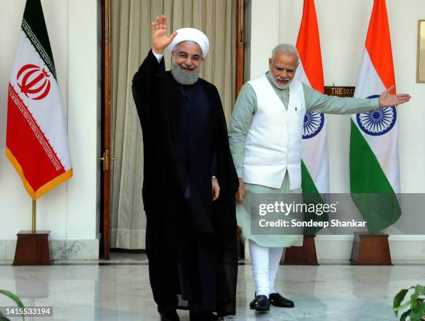 Prime Minister Narendra Modi with Iranian President Hassan Rouhani before a meeting at Hyderabad House in New Delhi, India.