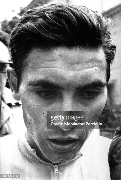 The Belgian cyclist Eddy Merckx sweating on the arrival of the time trial stage of the Giro d'Italia. San Marino, 6th June 1968