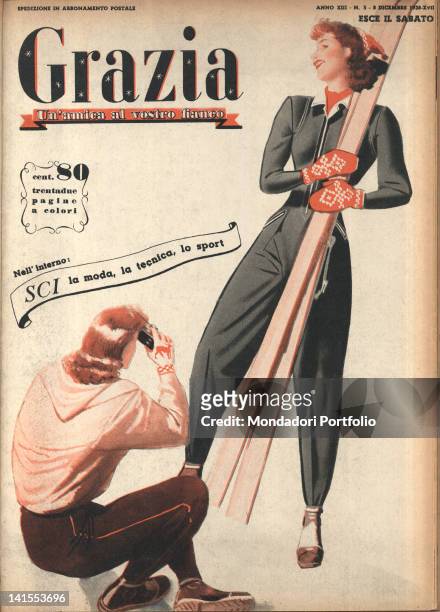 The cover of the women's magazine Grazia showing a picture of a young woman photographing a young skier. 1930s