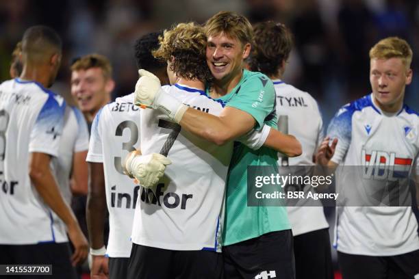 Former Willem II players Nigel Bertrams of FC Eindhoven, Jasper Dalhaus of FC Eindhoven celebrating the victory during the Dutch...