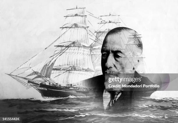 An artistic montage of a picture of English writer Joseph Conrad with a ship